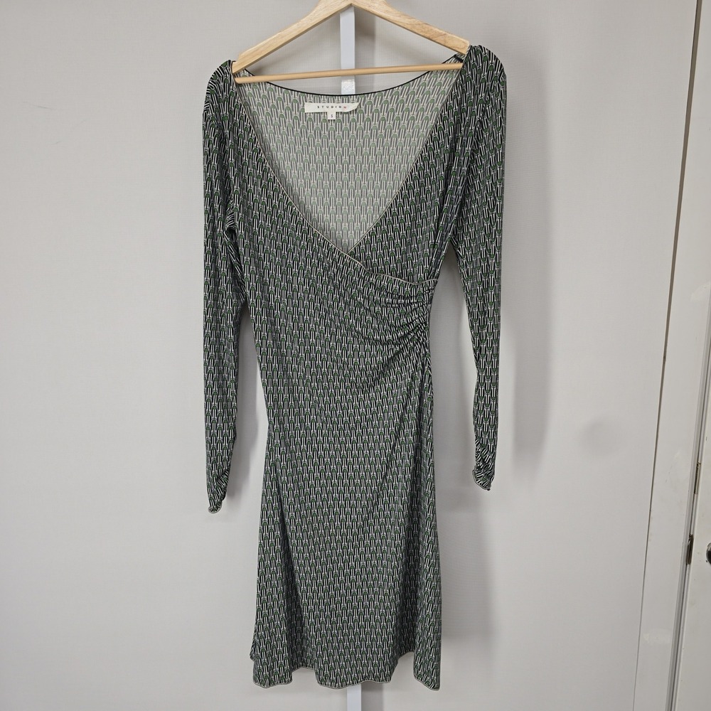 Studio M Womens Green Geometric Long Sleeve Faux Wrap Dress Small 6K12S55